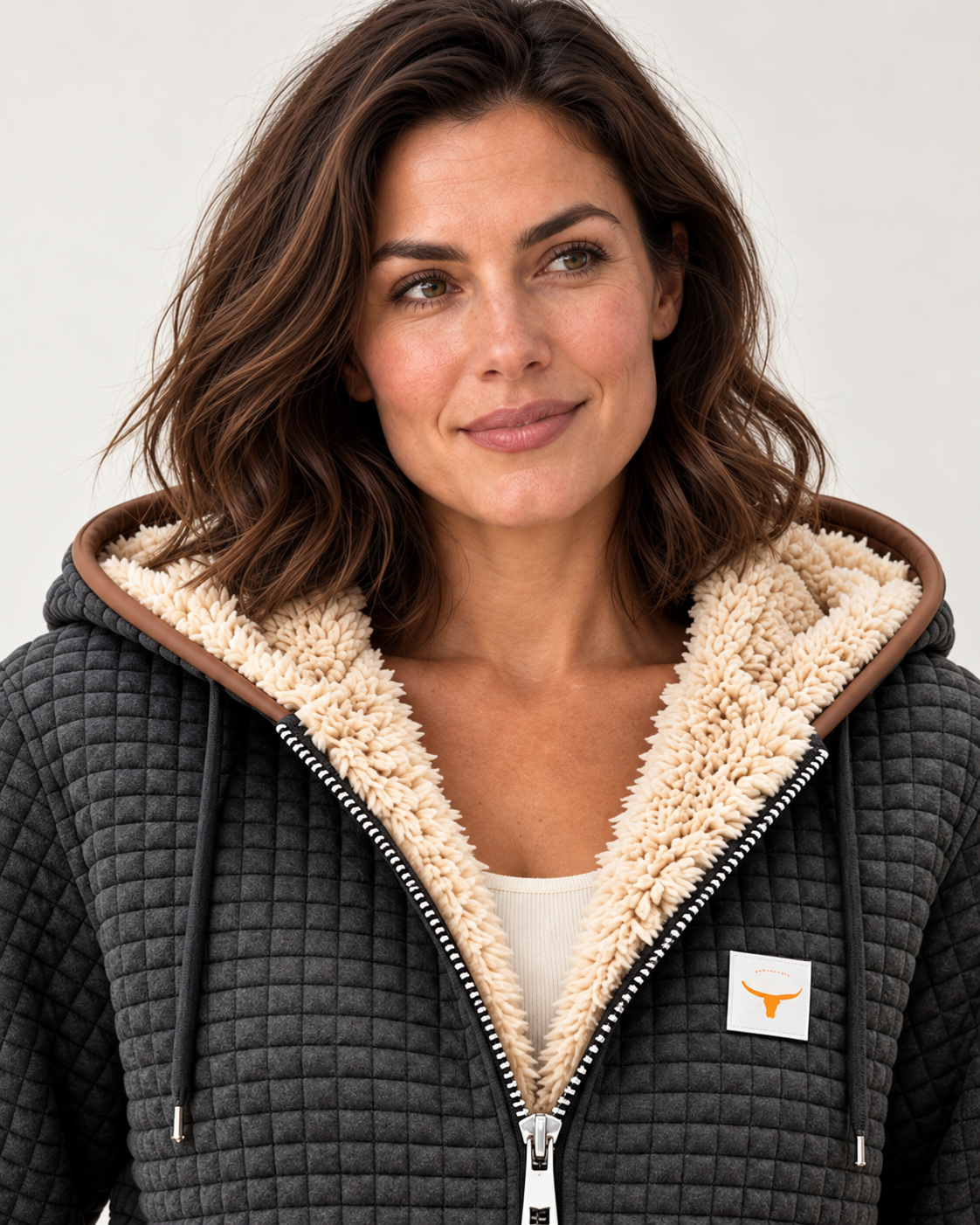 Women's Quilted Sherpa Jacket - Charcoal - chest close-up