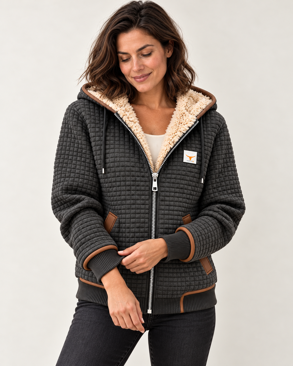 Women's Quilted Sherpa Jacket - Charcoal - styling model