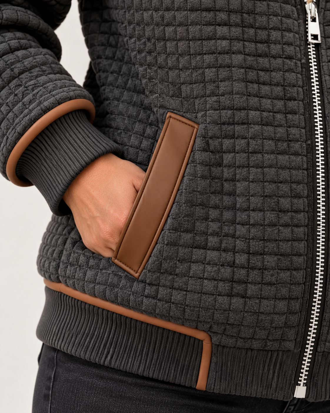 Women's Quilted Sherpa Jacket - Charcoal - pocket detail
