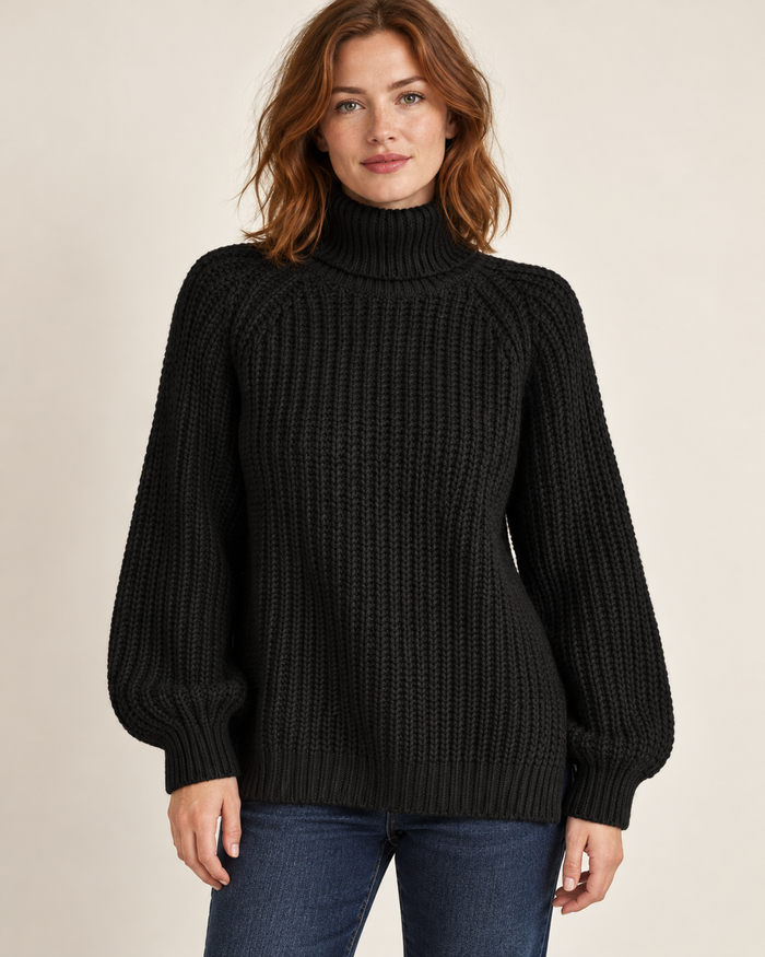 Women's roll neck jumper in black, front view
