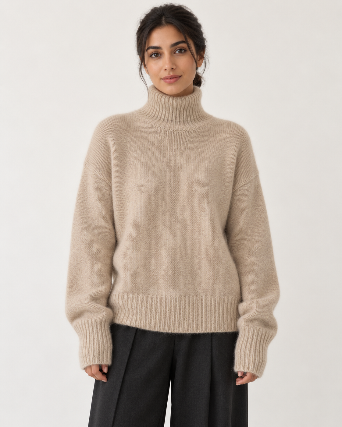 Women's Roll Neck Jumper - Relaxed Fit Ribbed Trim Soft Knit