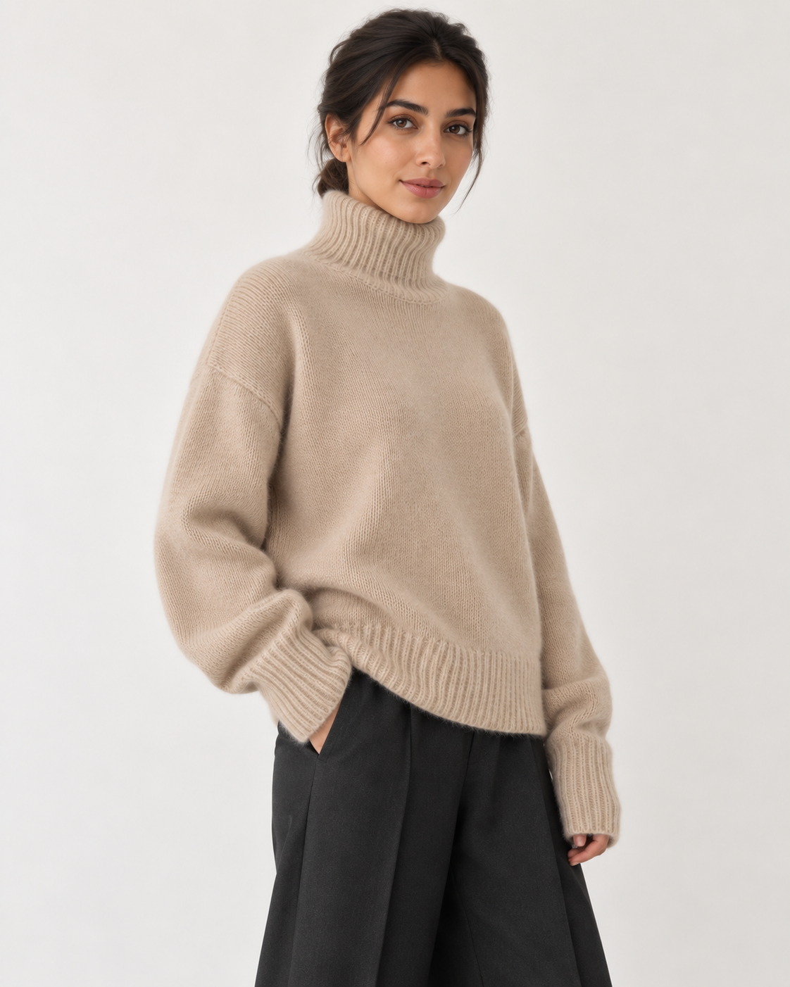 Women's Roll Neck Jumper - Relaxed Fit Ribbed Trim Soft Knit