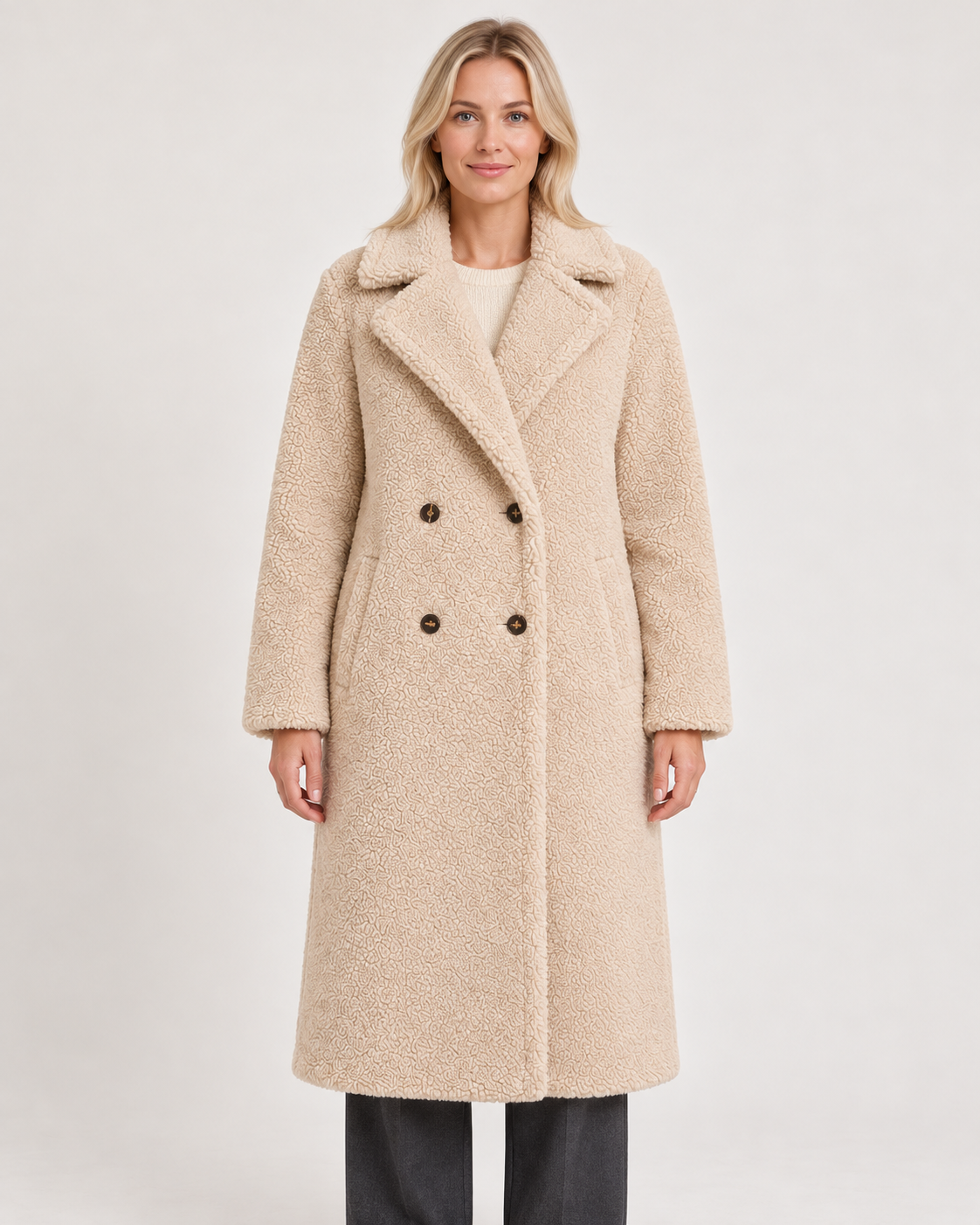 Women's teddy coat in beige, front view