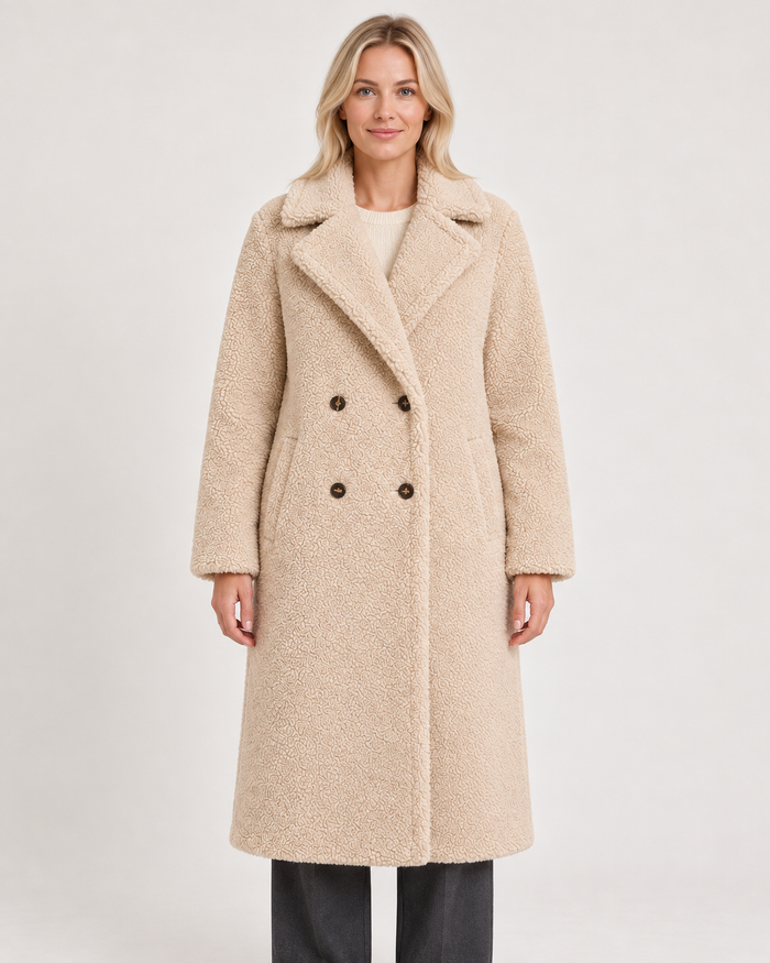 Women's teddy coat in beige, front view