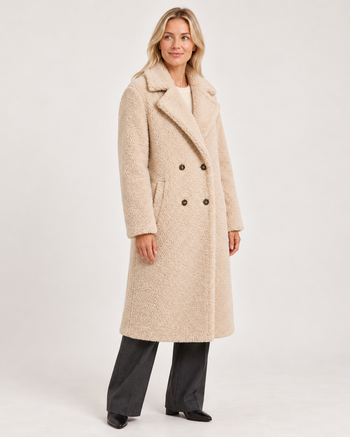 Women's teddy coat in beige, three-quarter view