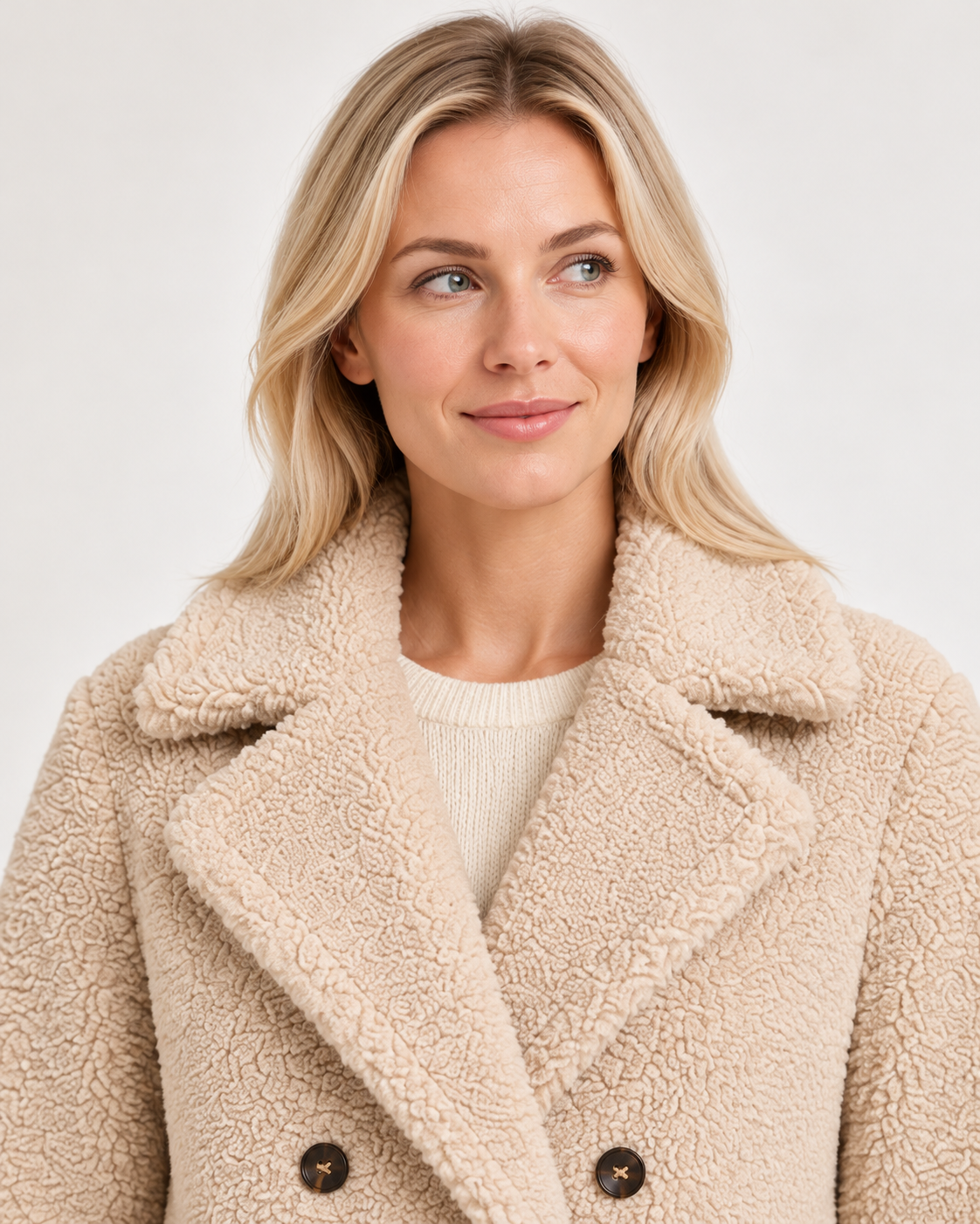 Women's teddy coat in beige, front close-up