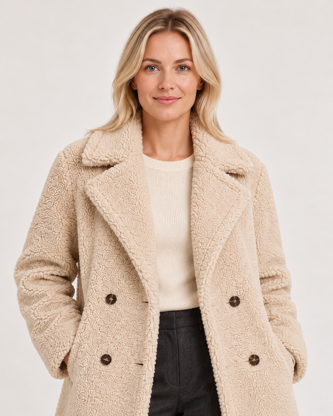 Women's teddy coat in beige, styling view