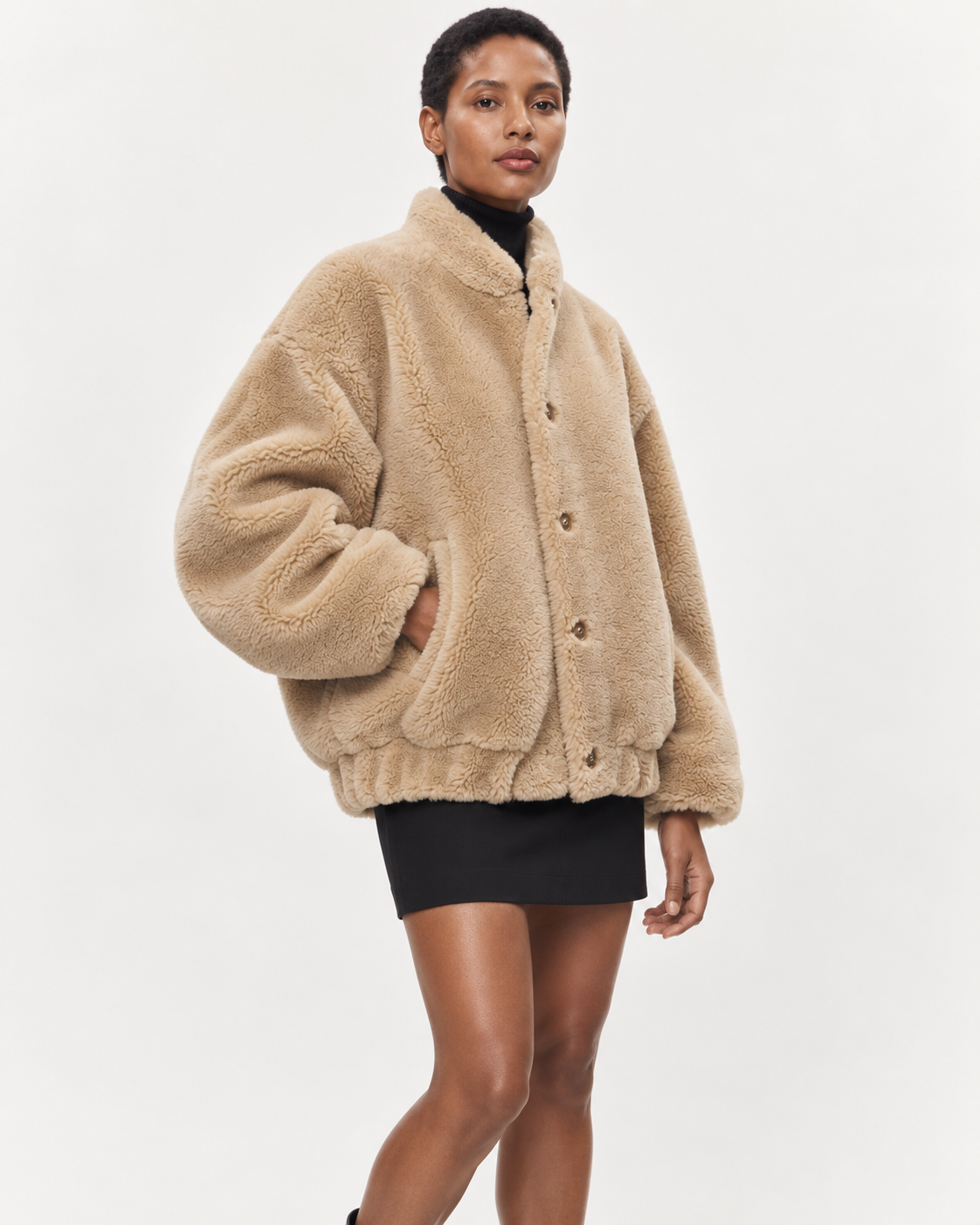 Women's Teddy Jacket - Oversized Fleece Button Front High Collar
