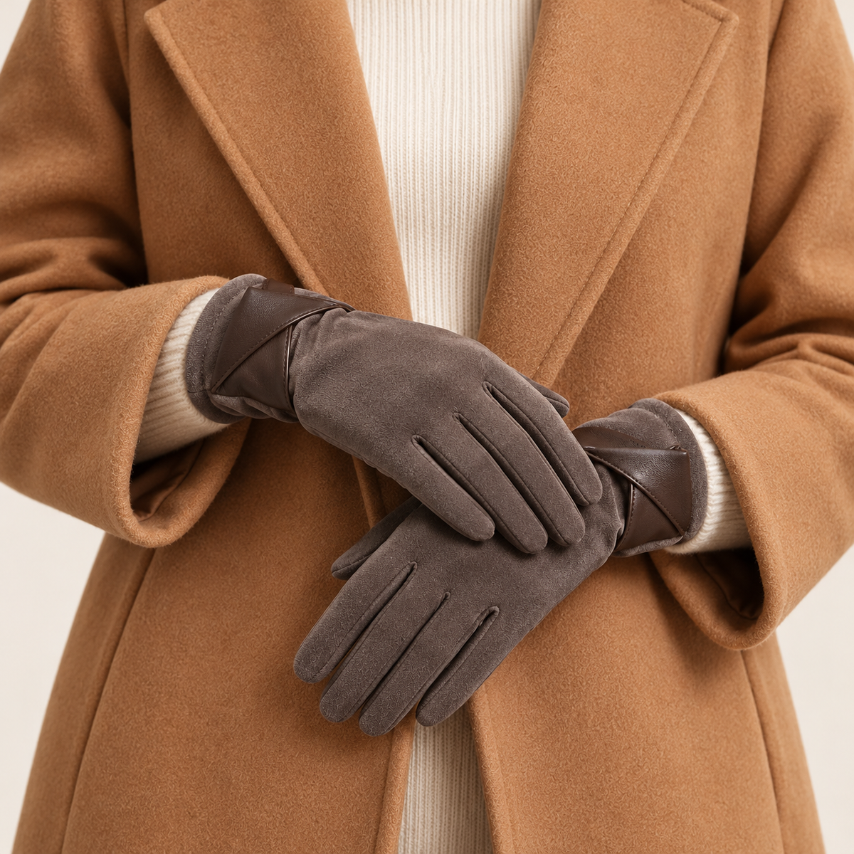 Dark Brown touchscreen gloves — front on model