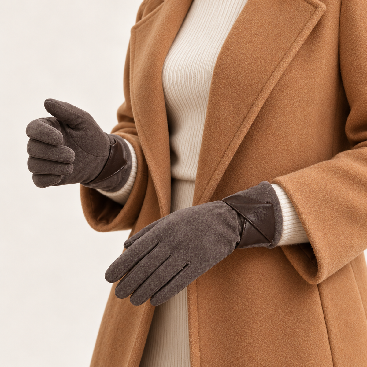 Dark Brown gloves — three-quarter on model