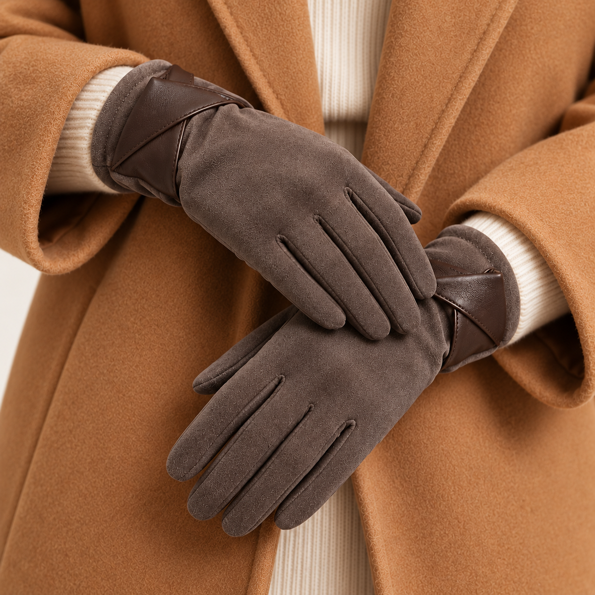 Dark Brown gloves — close-up on model