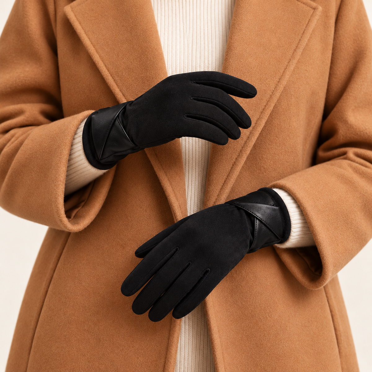Black gloves — front on model