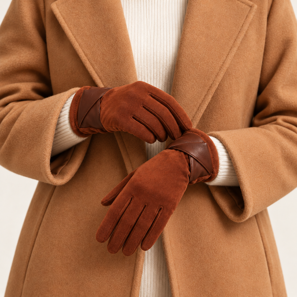 Brown gloves — front on model