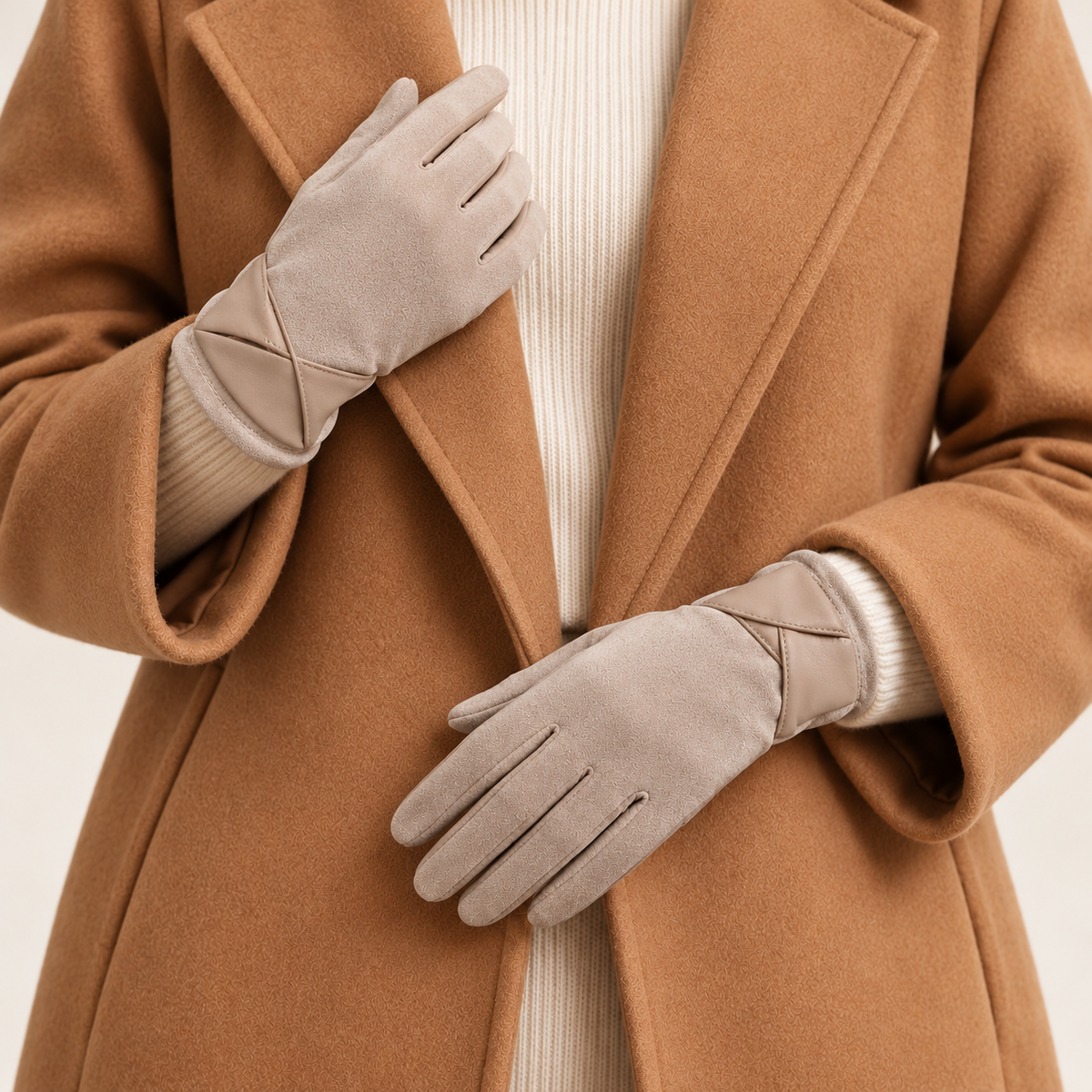 Beige gloves — front on model