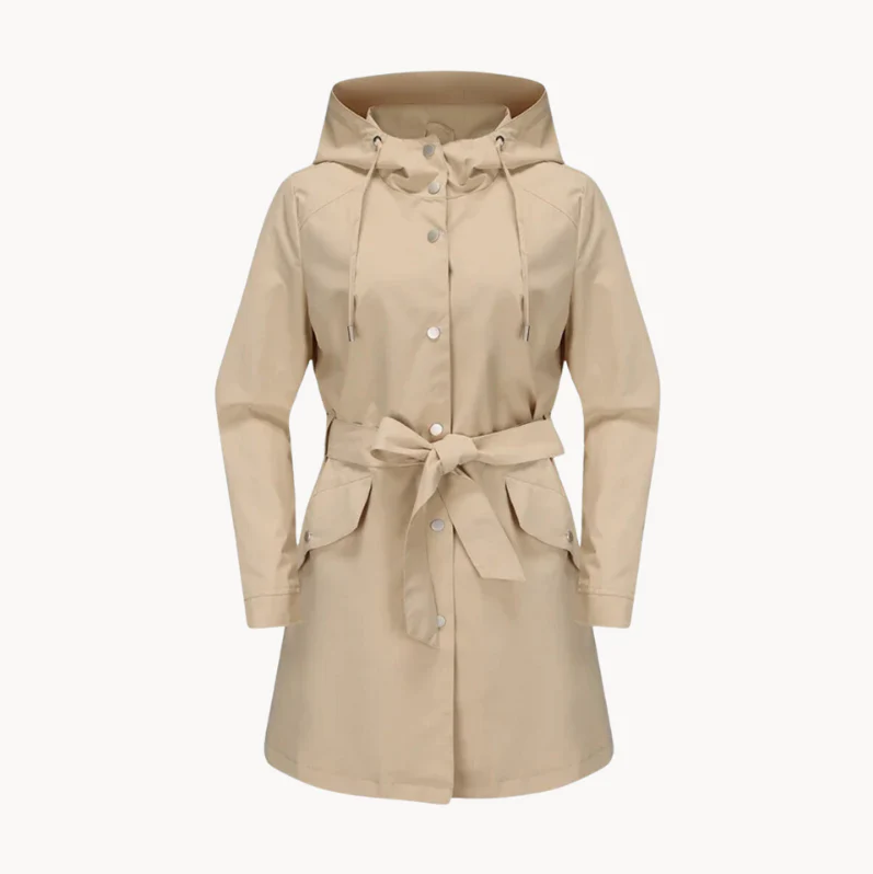 Women's Trench Coat - Hooded Belted Knee Length Flap Pockets