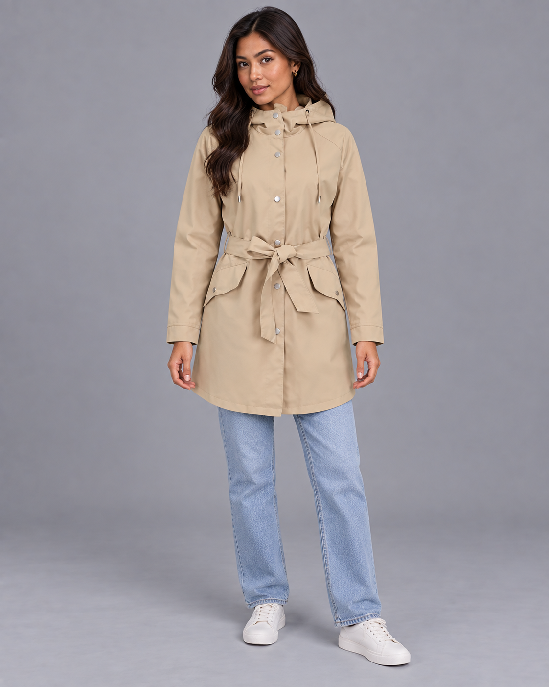 Women's Trench Coat - Hooded Belted Knee Length Flap Pockets