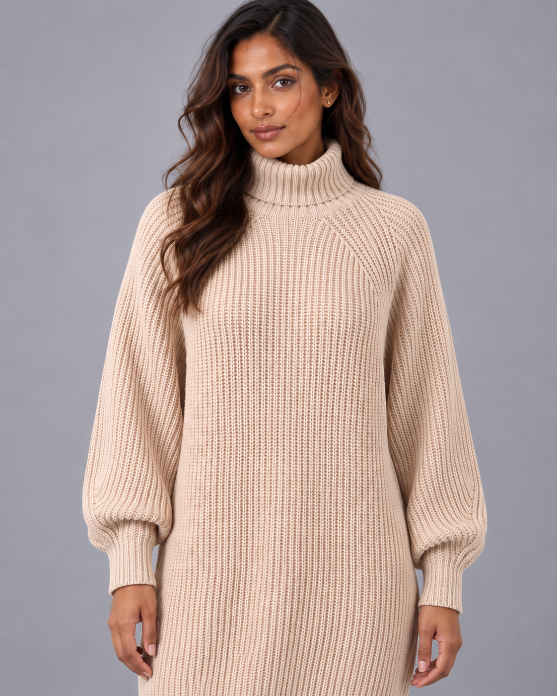 Women's Turtleneck Dress - Chunky Rib Knit Mini Jumper Dress