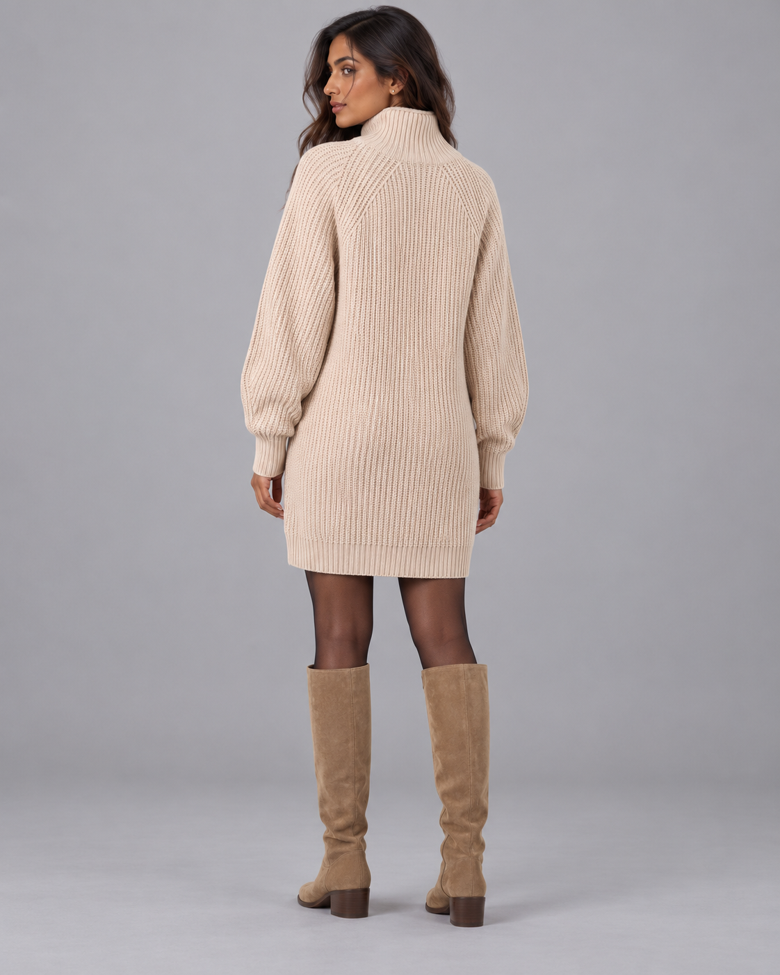 Women's Turtleneck Dress - Chunky Rib Knit Mini Jumper Dress
