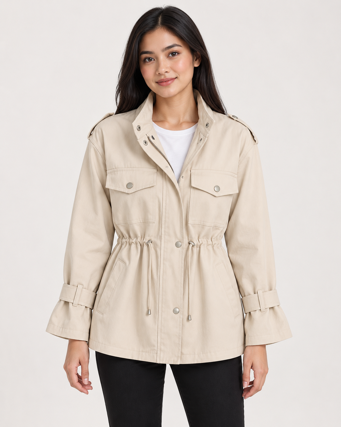 Women's Utility Jacket - Drawstring Waist Lightweight Flap Pockets