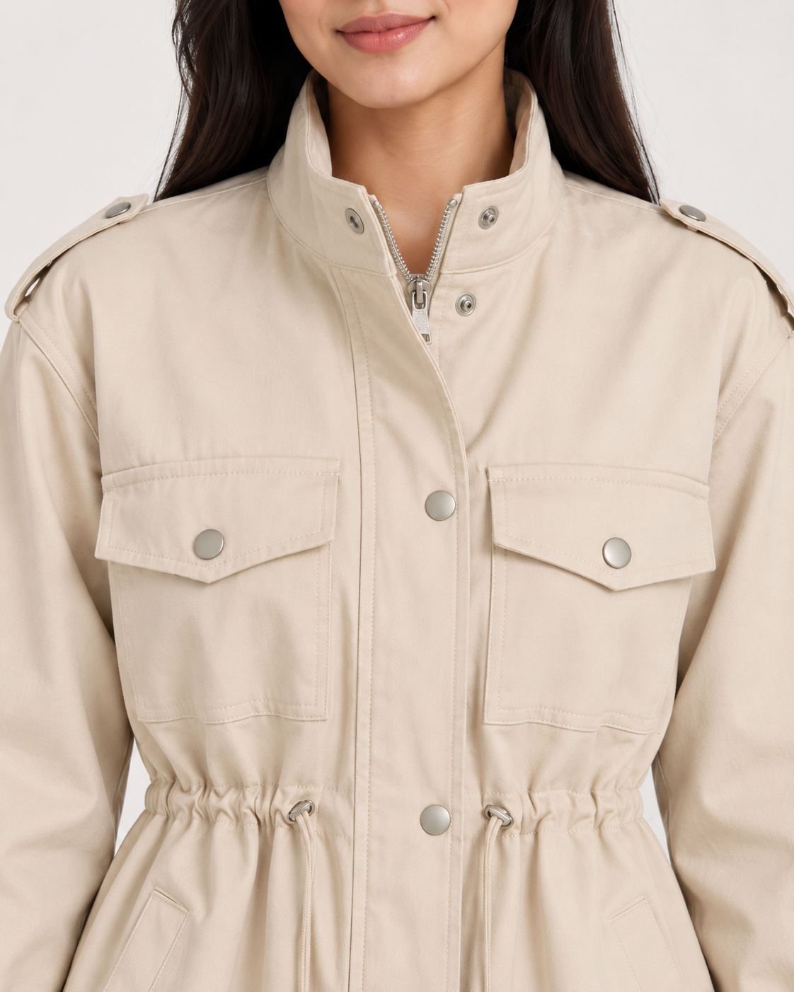 Women's Utility Jacket - Drawstring Waist Lightweight Flap Pockets