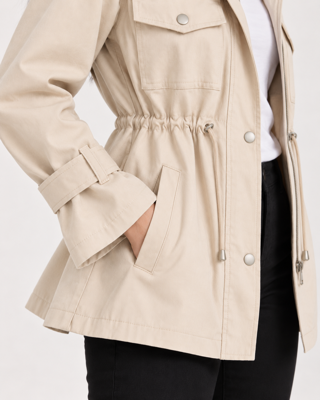 Women's Utility Jacket - Drawstring Waist Lightweight Flap Pockets