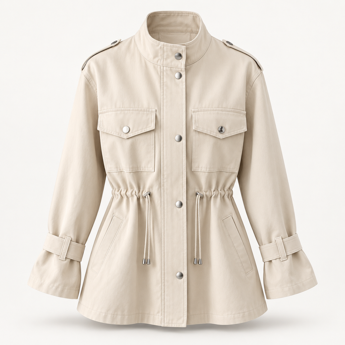 Women's Utility Jacket - Drawstring Waist Lightweight Flap Pockets