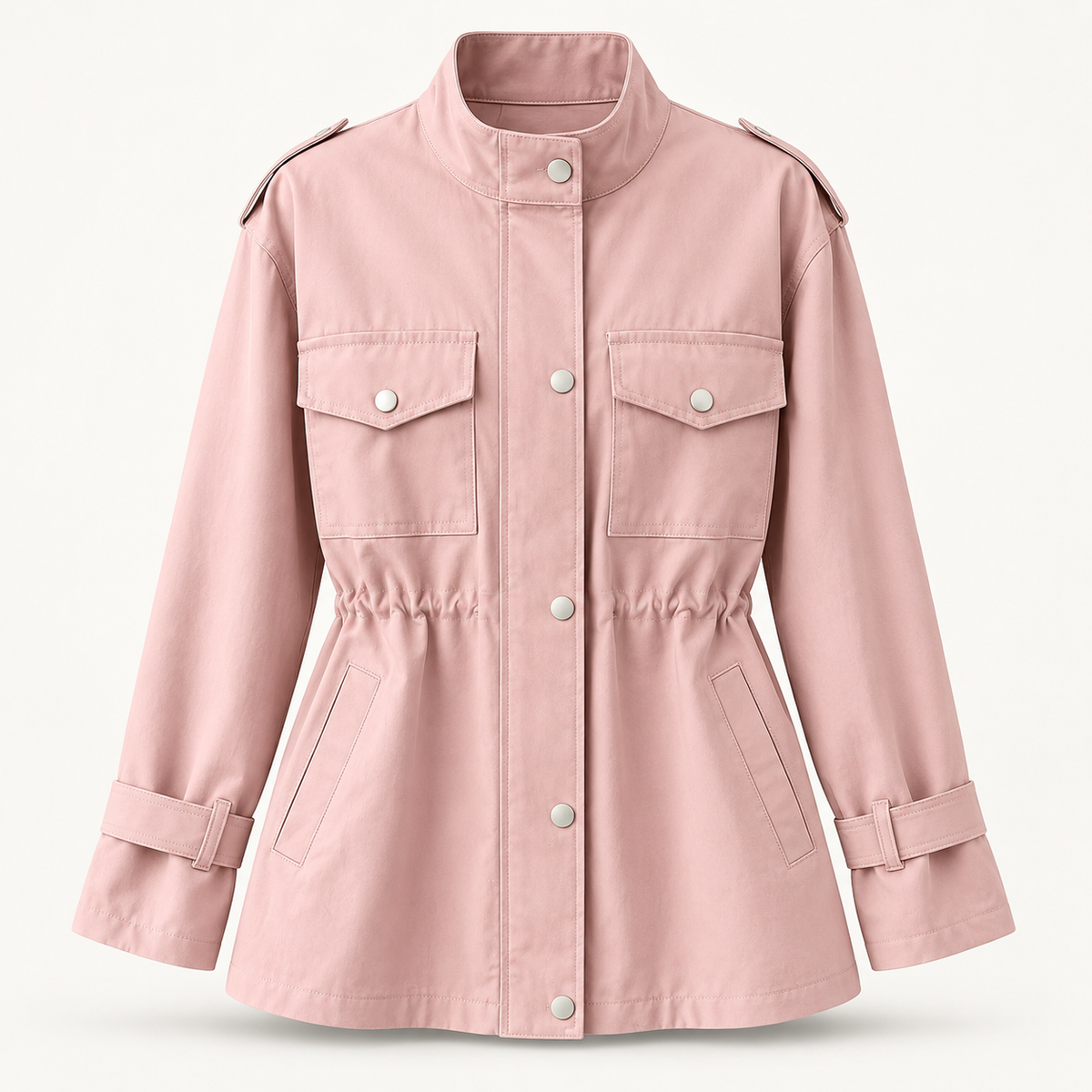 Women's Utility Jacket - Drawstring Waist Lightweight Flap Pockets