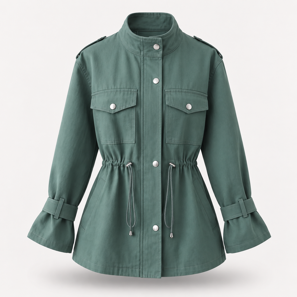 Women's Utility Jacket - Drawstring Waist Lightweight Flap Pockets
