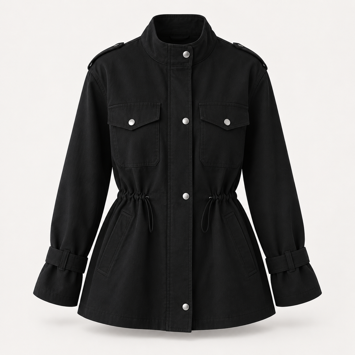 Women's Utility Jacket - Drawstring Waist Lightweight Flap Pockets