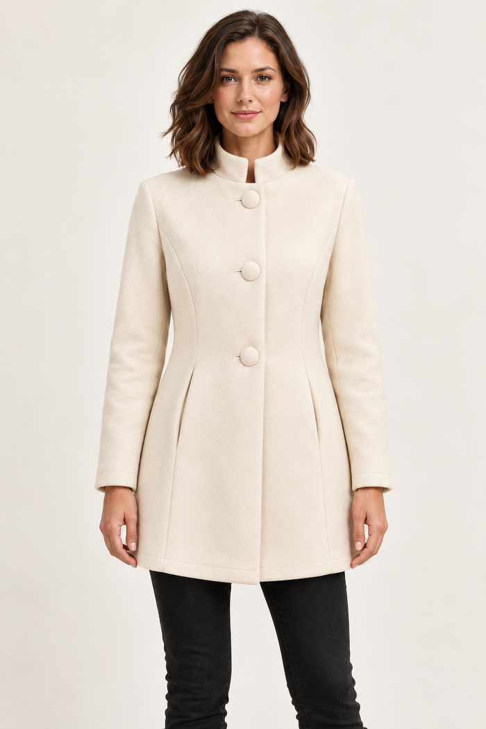 Cream high-neck button coat - front view on model