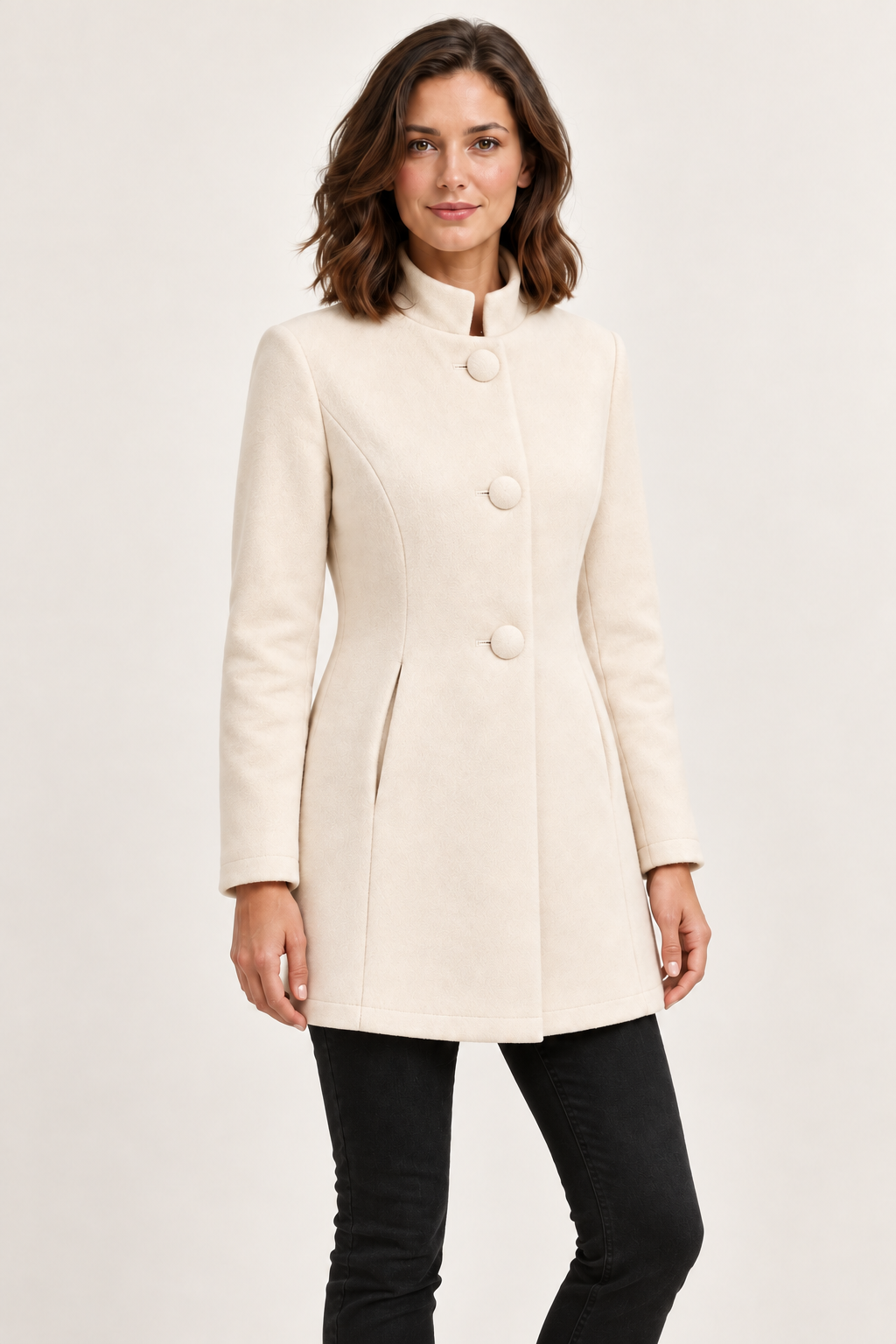 Cream high-neck button coat - three-quarter on model