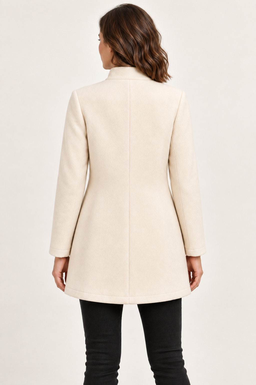 Cream high-neck button coat - back on model