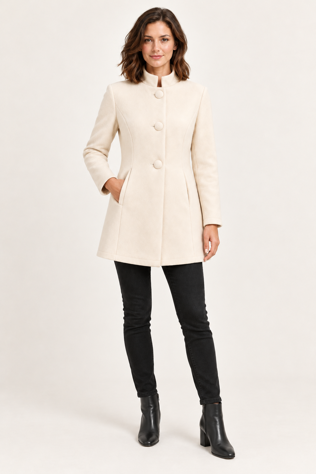 Women's high-neck button coat - Cream styling on model