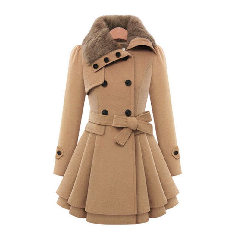 Women's Winter Coat - Double Breasted Belted Flared Hem Plush Collar