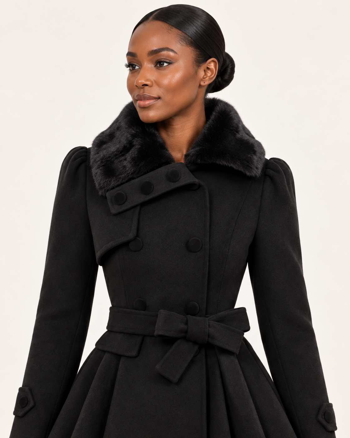 Women's Winter Coat - Double Breasted Belted Flared Hem Plush Collar