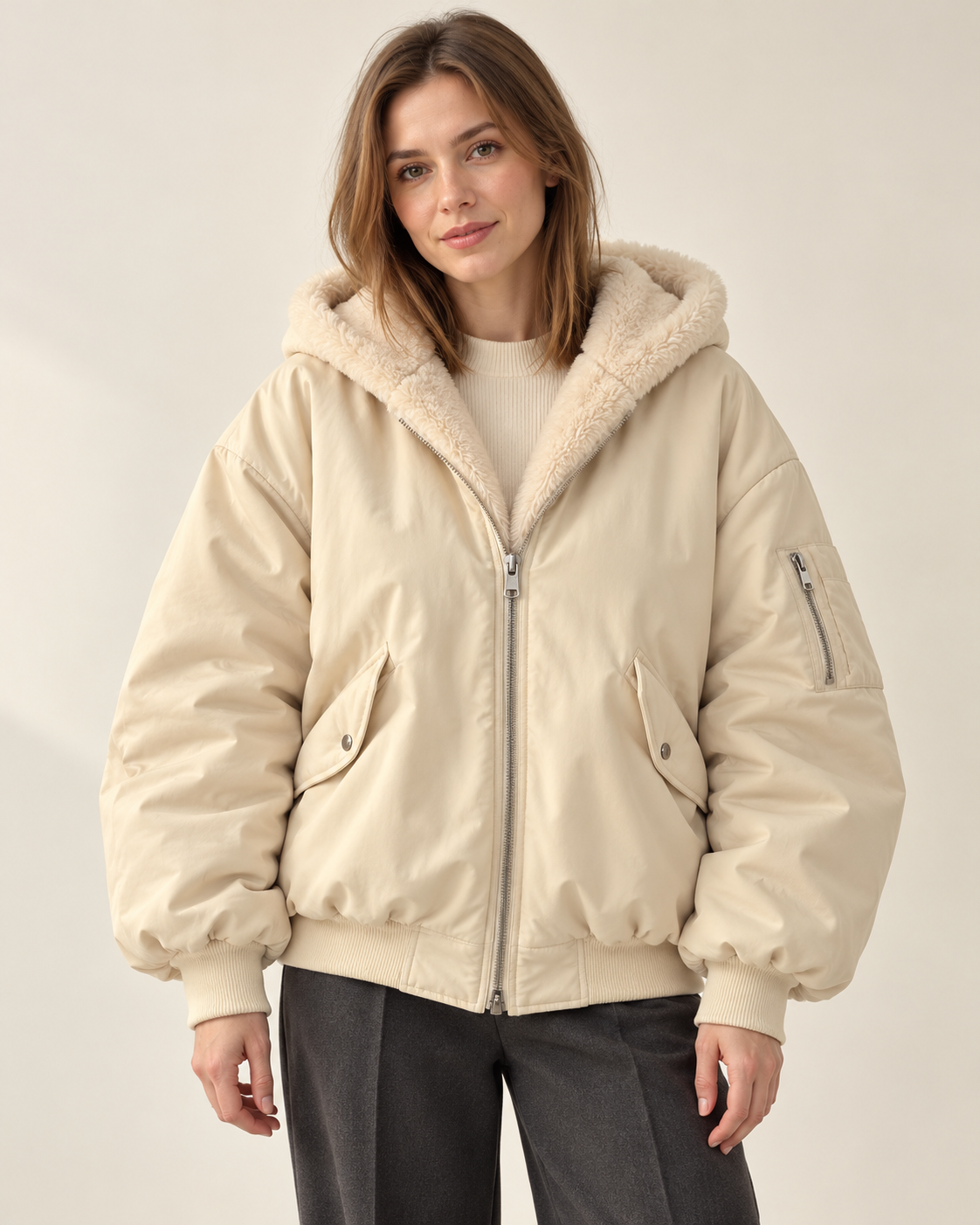 Women's winter jacket in beige, front view