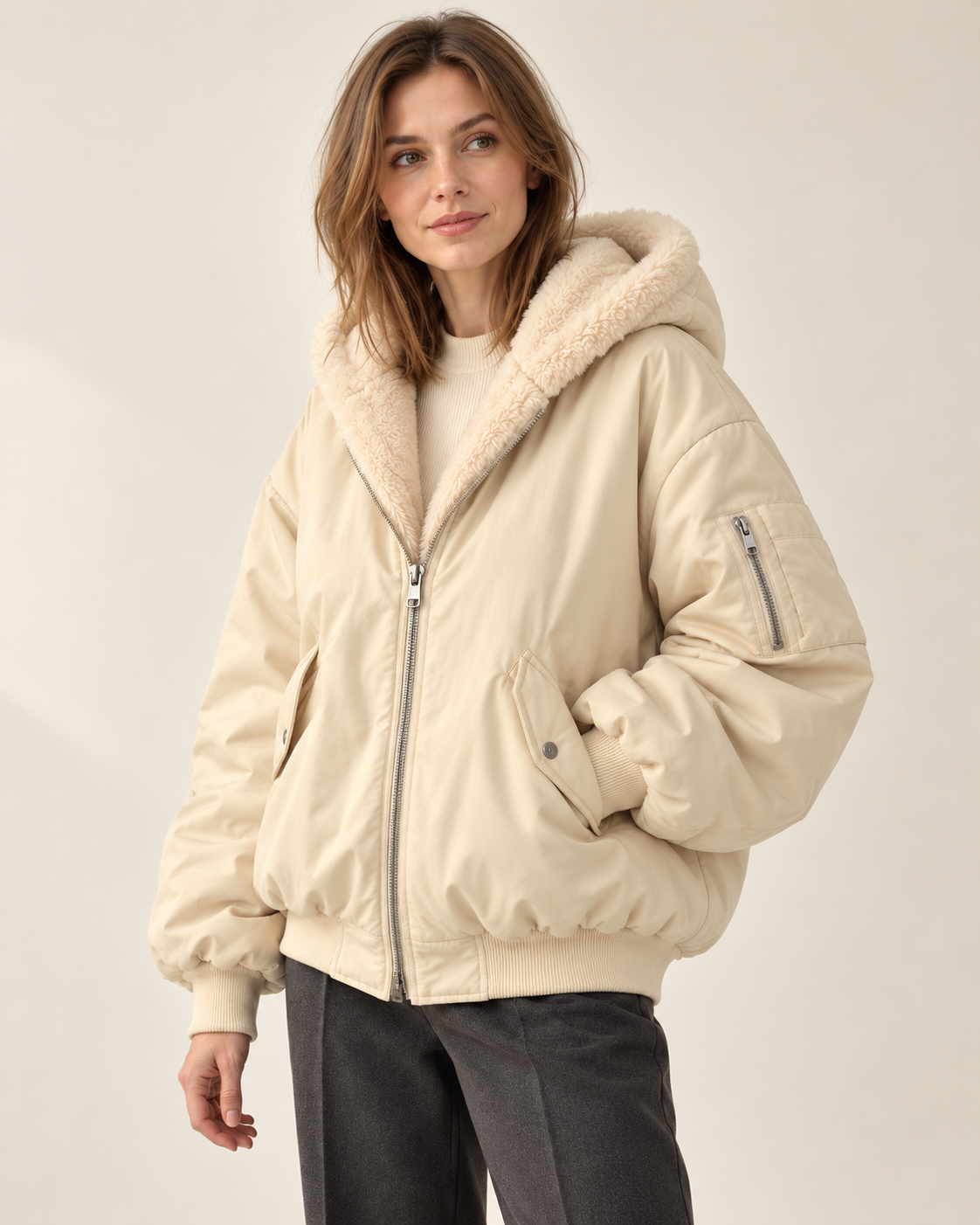 Women's winter jacket in beige, three-quarter view