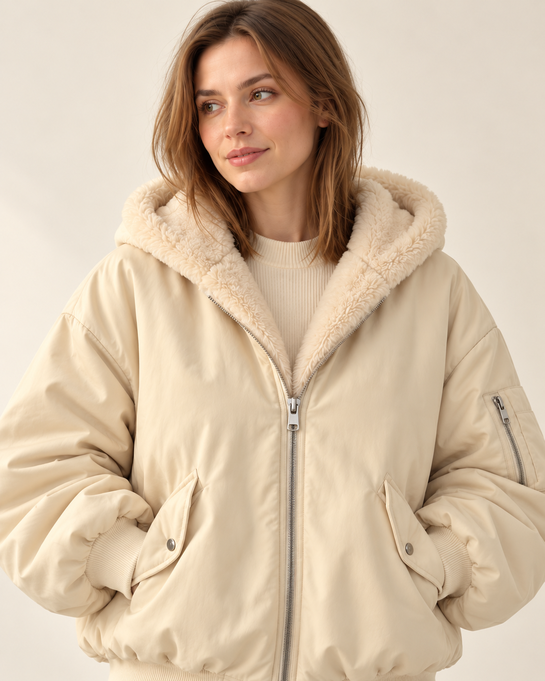 Women's winter jacket in beige, collar close-up