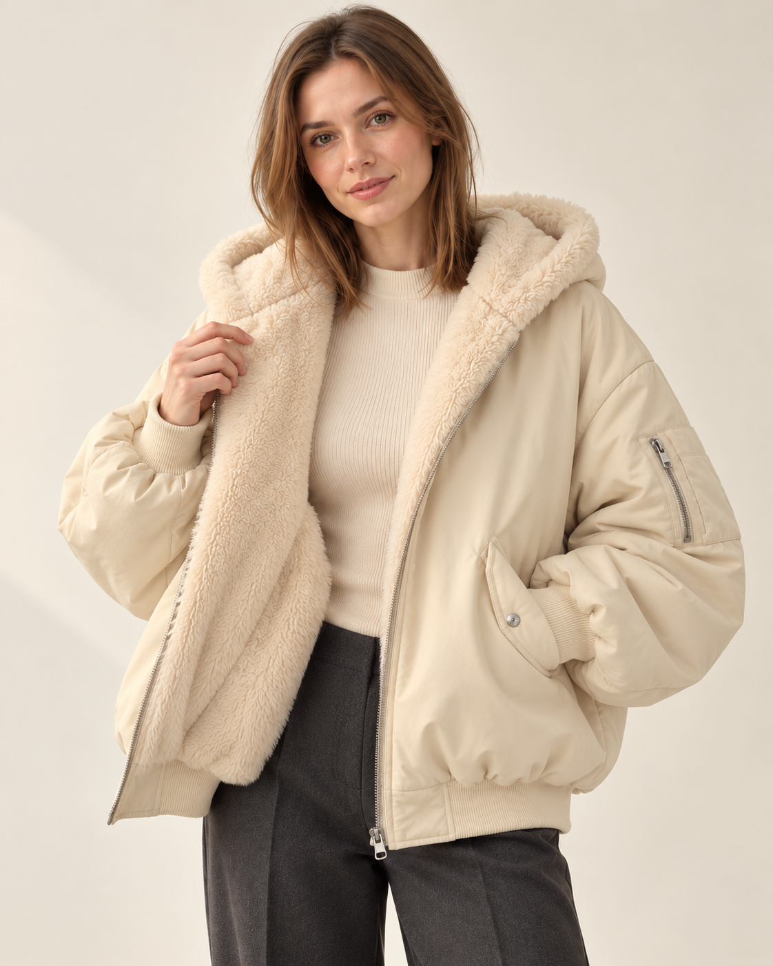 Women's winter jacket in beige, open styling view