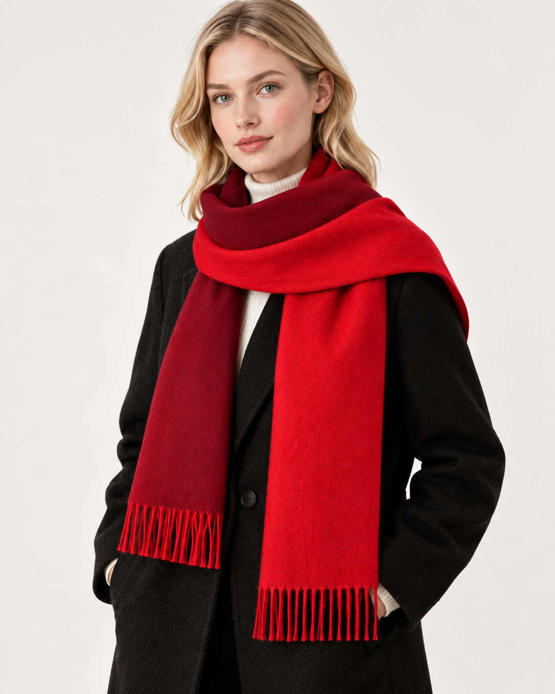 Women's Red Ombre scarf - three quarter on model