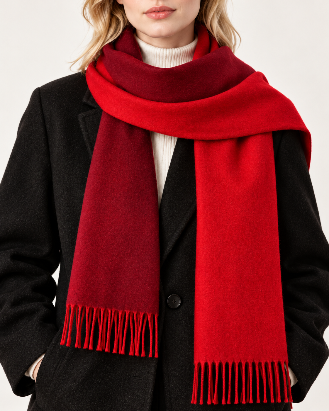 Women's Red Ombre scarf - close up worn