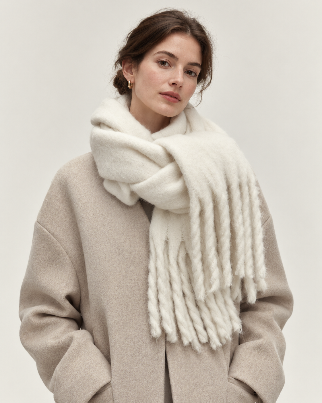 Women's white oversized scarf - front on model