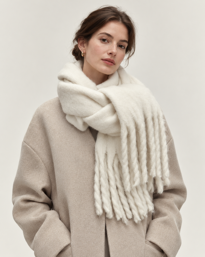 Women's white oversized scarf - front on model