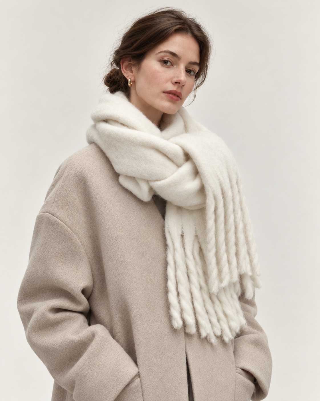Women's white oversized scarf - three quarter on model