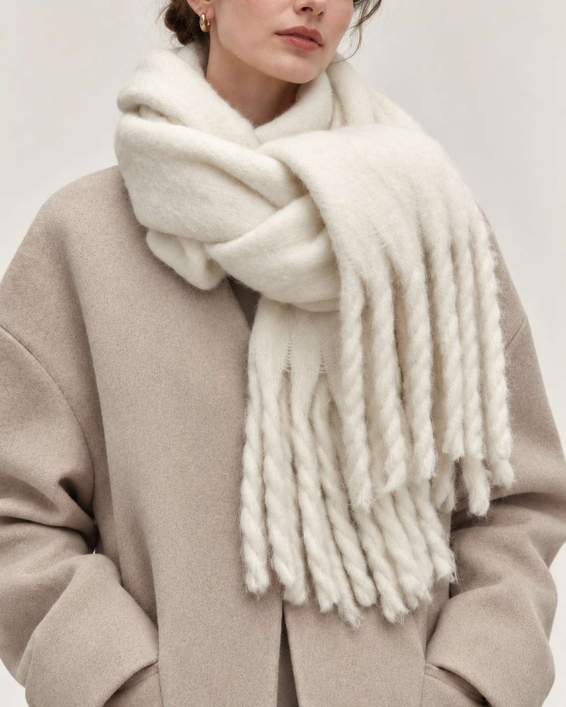 Women's white oversized scarf - close up worn