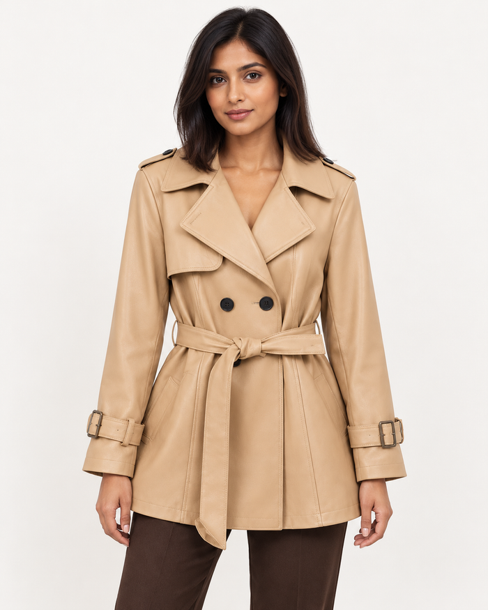 Women's wrap coat in Khaki, front view on model