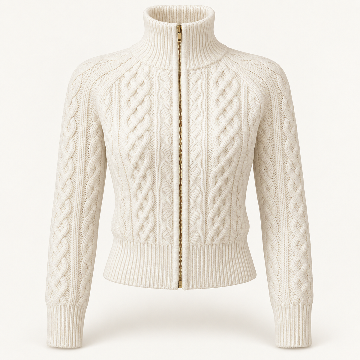 Women's Zip Up Cardigan - Cable Knit Stand Collar Cropped Gold Zip