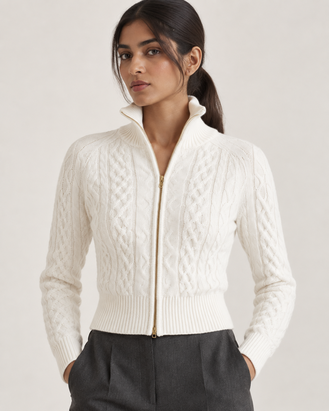 Women's Zip Up Cardigan - Cable Knit Stand Collar Cropped Gold Zip
