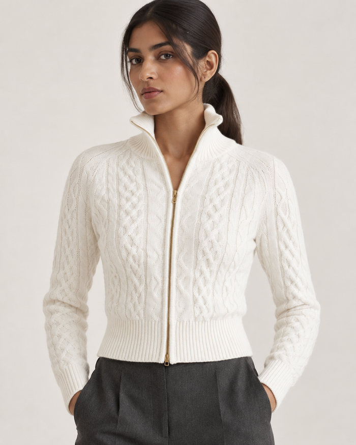 Women's Zip Up Cardigan - Cable Knit Stand Collar Cropped Gold Zip