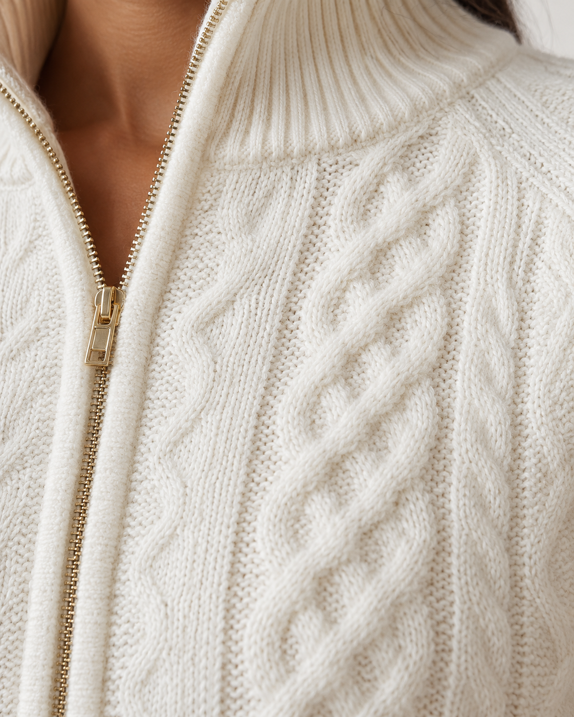 Women's Zip Up Cardigan - Cable Knit Stand Collar Cropped Gold Zip